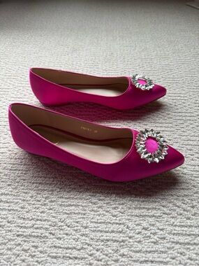 Hot Pink Satiny Embellished Pointed-Toe Flats